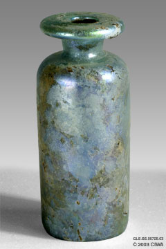 Iridescent blue bottle, Syria, 100-300 AD
